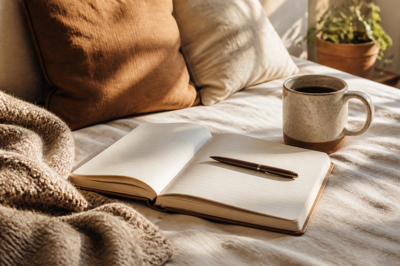 Cozy morning notebook and coffee